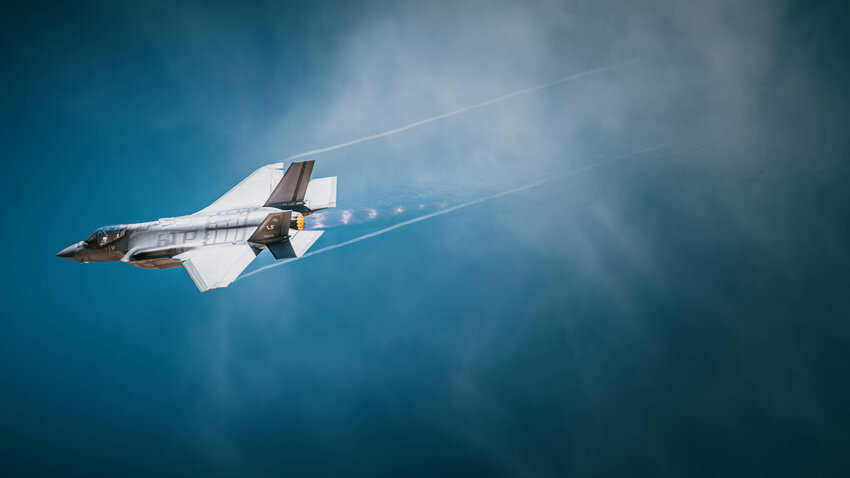 A U.S. Air Force F-35A Lightning II assigned to the 56th Fighter Wing, Luke Air Force Base, performs a strafing run during Haboob Havoc on March 29, 2025, over Barry M. Goldwater Range. Haboob Havoc is a total force competition that provides a way for pilots to demonstrate their skills across a diverse range of aircraft while also testing their abilities in different mission sets such as dogfighting and gun runs.