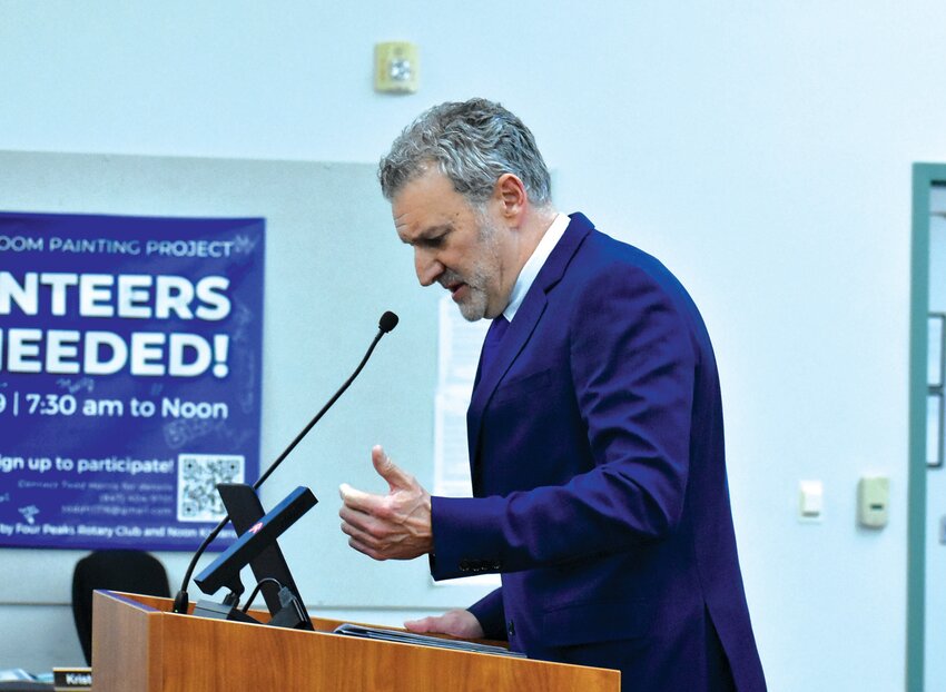 Chris Hartmann tells the Fountain Hills Unified School District Governing Board a few details about the potential sale of two parcels the board addressed at its May 7 meeting. The board agreed to enter negotiations to sell the land.