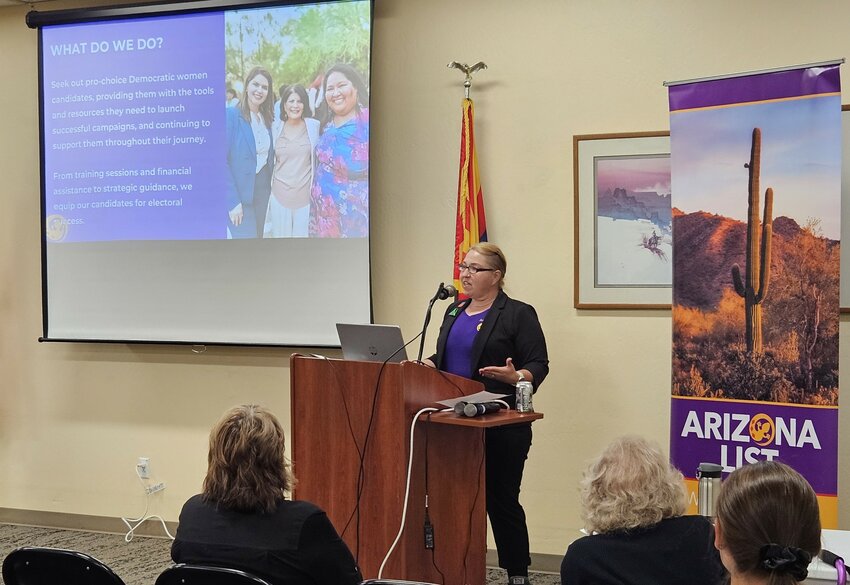 Kori McClemens speaks at a meeting of the Northwest Valley Democrats