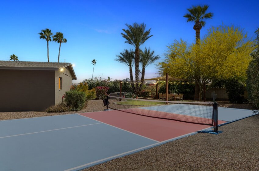 A backyard pickleball court.