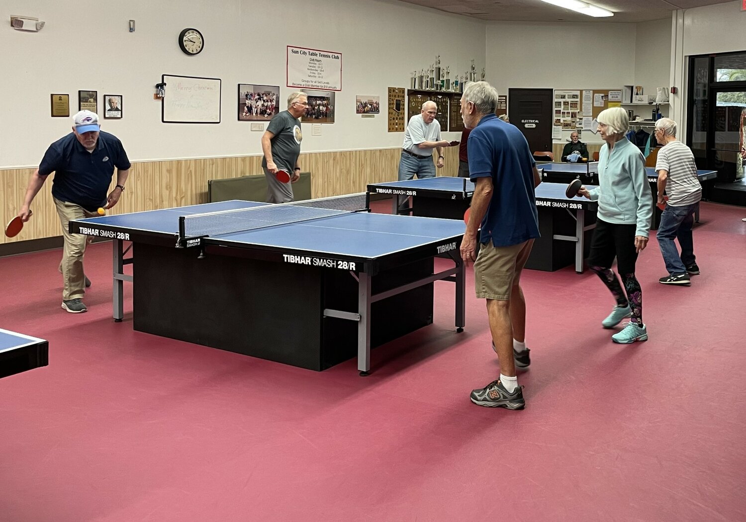 The Sun City Table Tennis Club room, located at the Bell Recreation Center, sports concourse, boasts five tables and is open to all Recreation Centers of Sun City cardholders.