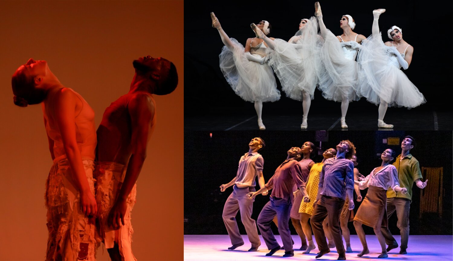 Jacob Jonas The Company, Les Ballet Trockadero de Monet Carlo and Gibney Company (clockwise from left) are the three of the featured companies in the 2023–24 dance series at Scottsdale Center for the Performing Arts.