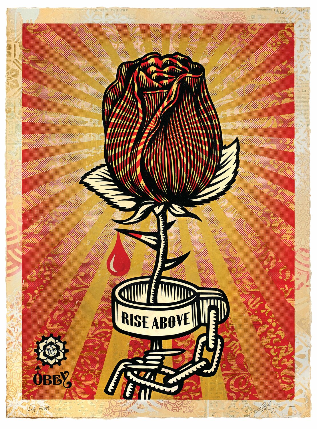 Shepard Fairey, “Rose Shackle,” 2019, silkscreen and mixed media collage on paper, HPM, 30 x 41 inches.