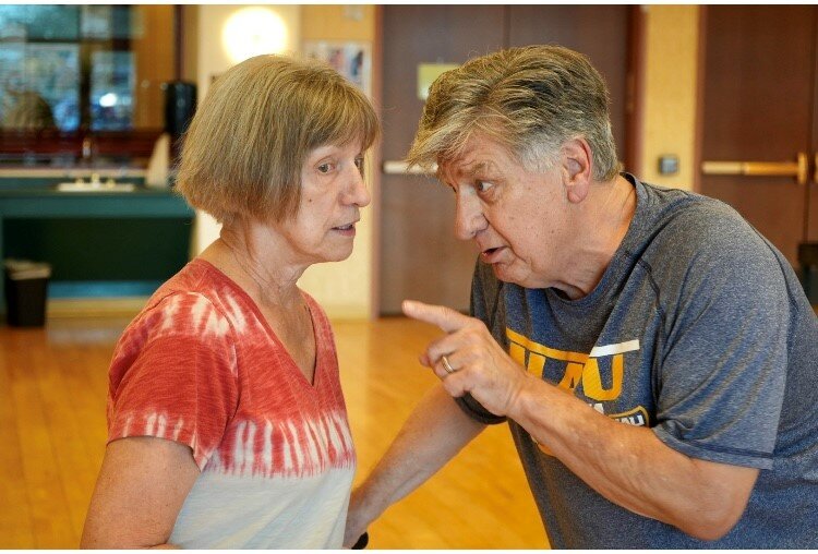 The Grand Drama and Comedy Club members Pat Hanlon, left, and Ron Gibala rehearse a scene in "Night Watch." This will be the club's first performance of the 2023-24 season with shows set for Oct. 19-22.
