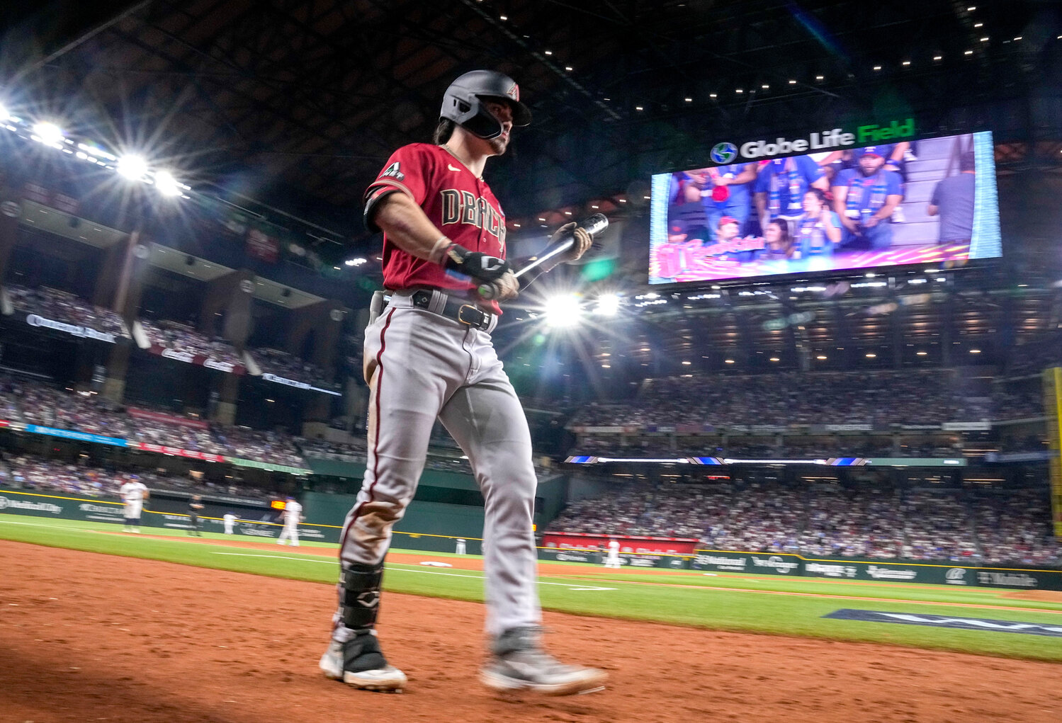 Corbin Carroll walks to the plate during the fifth inning in Game 1 of the World Series on  Oct. 27, 2023, in Arlington, Texas.