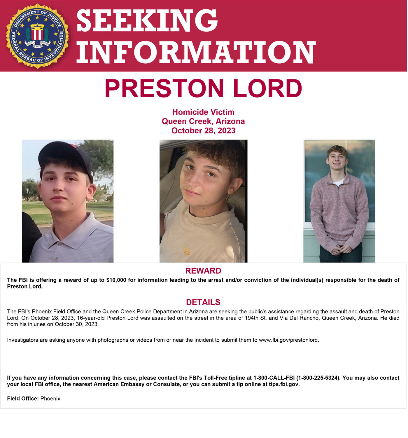 QCPD is now working with the FBI in the Preston Lord case. Photos or video evidence can be submitted to www.fbi.gov/prestonlord.The FBI's toll-Free tip line is available at 1-800-CALL-FBI (1-800-225-5324).