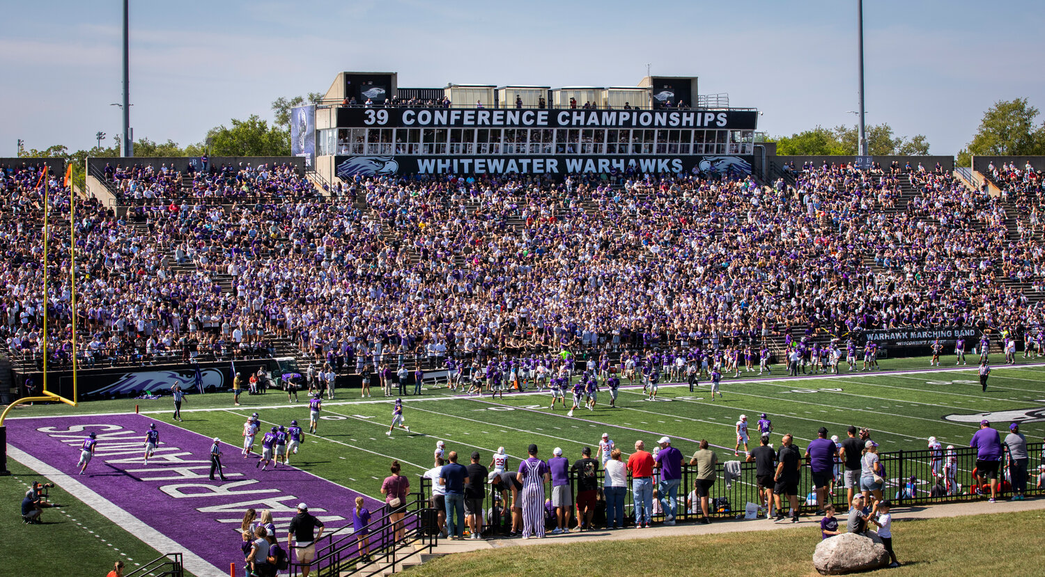 The UW-Whitewater Warhawks defeated St. John's University 56-28 in the first home game of the season at Perkins Stadium on Sept. 9, 2023.