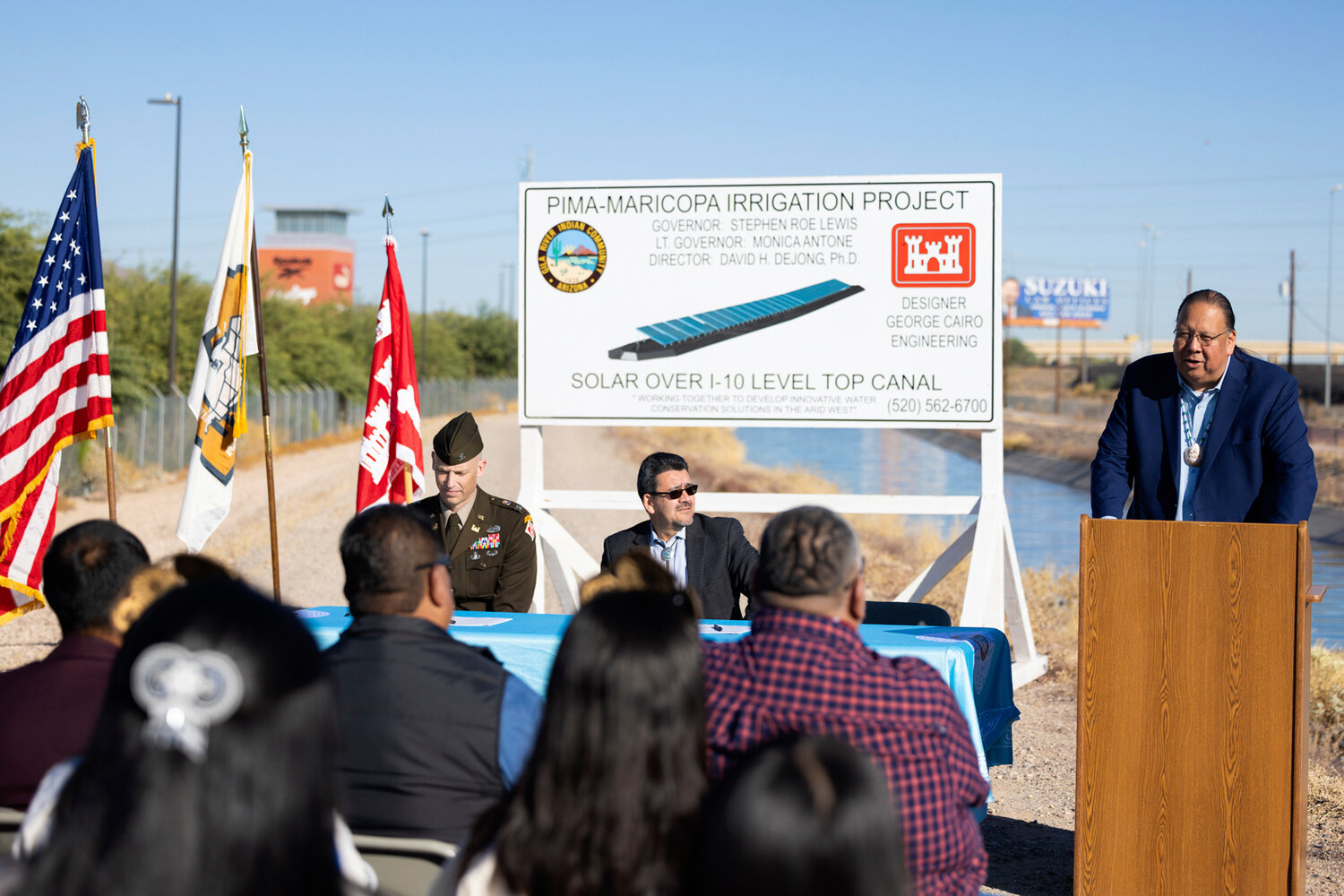 In this image provided by the Gila River Indian Community, Gov. Stephen Roe Lewis gives a speech during the signing of an agreement with the U.S. Army Corps of Engineers to put solar panels over a stretch of irrigation canal on the tribe’s land near Chandler on Nov. 9.