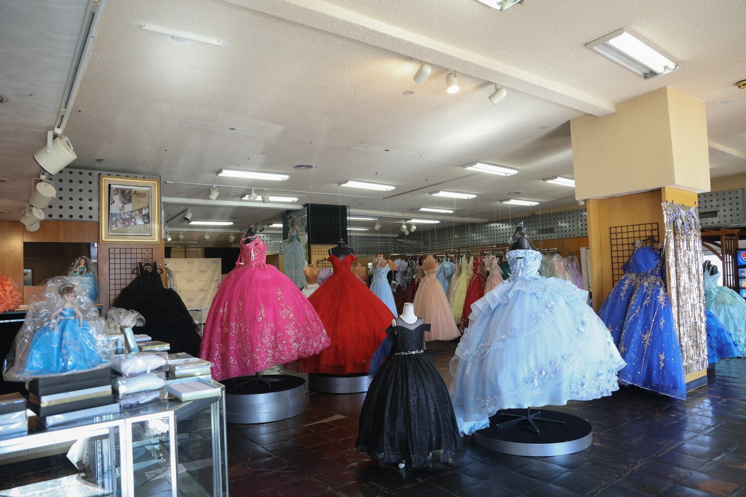 A selection of quinceañera dresses at Azteca Bridal in Phoenix on Nov. 21. (Photo by Sam Volante/Cronkite News)