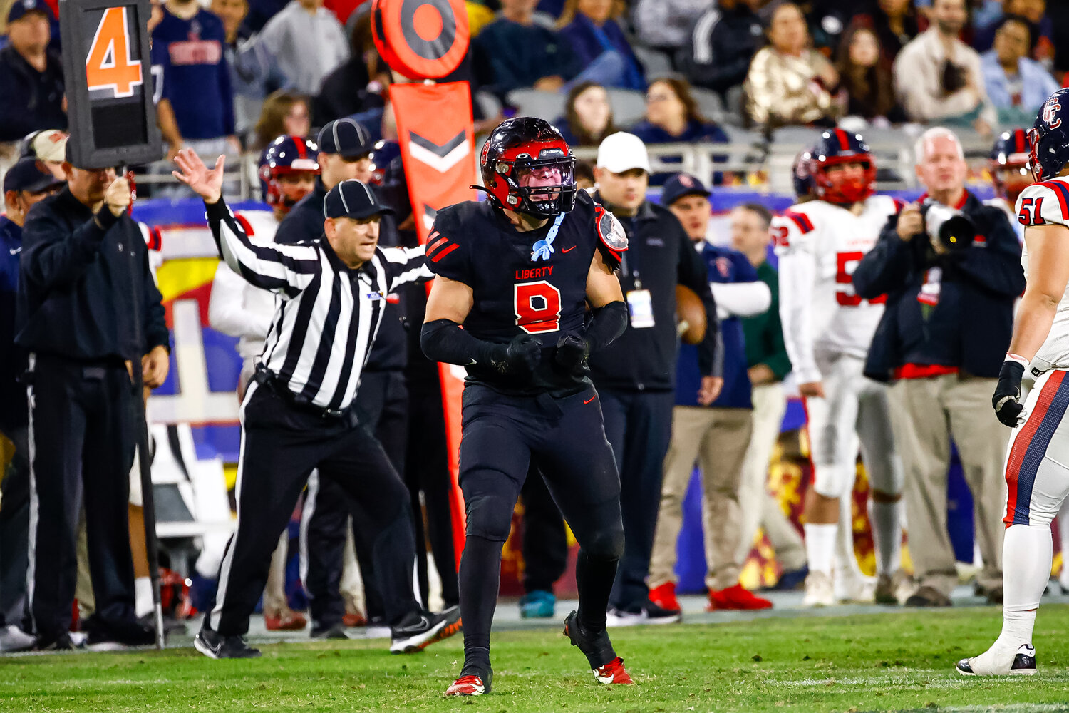 Liberty senior linebacker Keaton Stam (8) reacts after the Lions defense makes a play against Centennial on Saturday night. (Courtesy JJ Digos Photography/For West Valley Preps)