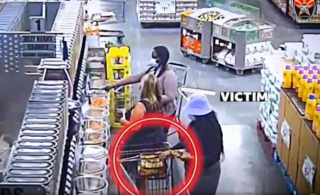 posted a video to its social media showing a woman being distracted by a thief, while a second thief takes the woman’s wallet from a purse in the seat of a shopping cart, while the woman’s back is turned.