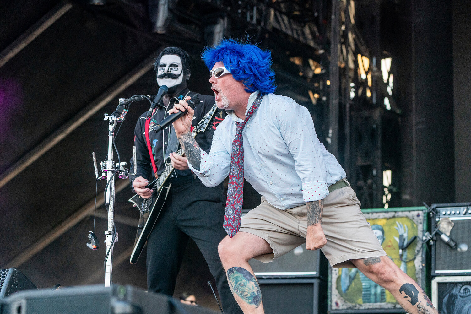 Wes Borland, left, and Fred Durst of Limp Bizkit perform during Louder Than Life Music Festival on Sept. 22, 2023, at Highland Festival Grounds in Louisville, Kentucky.