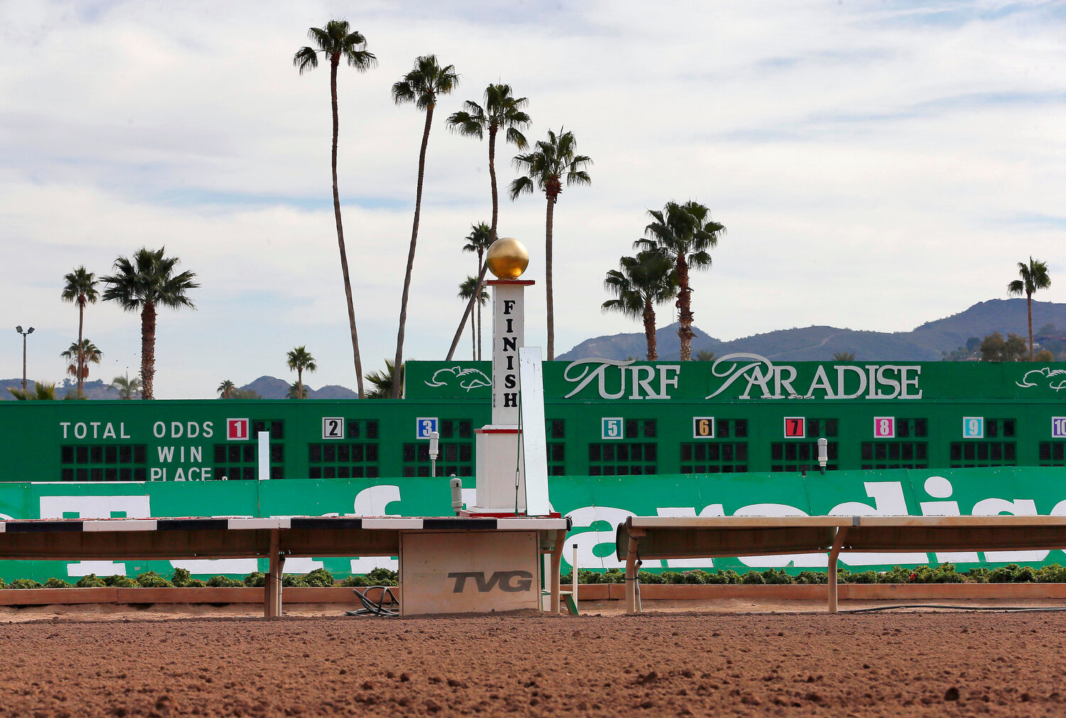 The finish line of the horse racing track at Turf Paradise is seen, Friday, Jan. 29, 2016, in Phoenix. Turf Paradise, a race track that has been a staple of horse racing in Arizona for decades, will resume live racing in January.