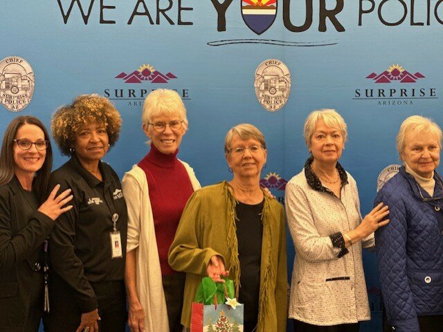 From left are Renee Gronski, Victim Assistance Unit Supervisor, Carol Johnson, Victim Advocate, and Chapter ER members Norma (Snaque) Rollo, Lynn Bloom, Sandy Martinson and Alberta Walker.