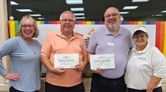 Al De Hope III and Keith Harter are honored with ally and manager of the Volunteer of Excellence Program, Renee Sanderson, of My Home Group, and LGBT Club President Susan Broussard.