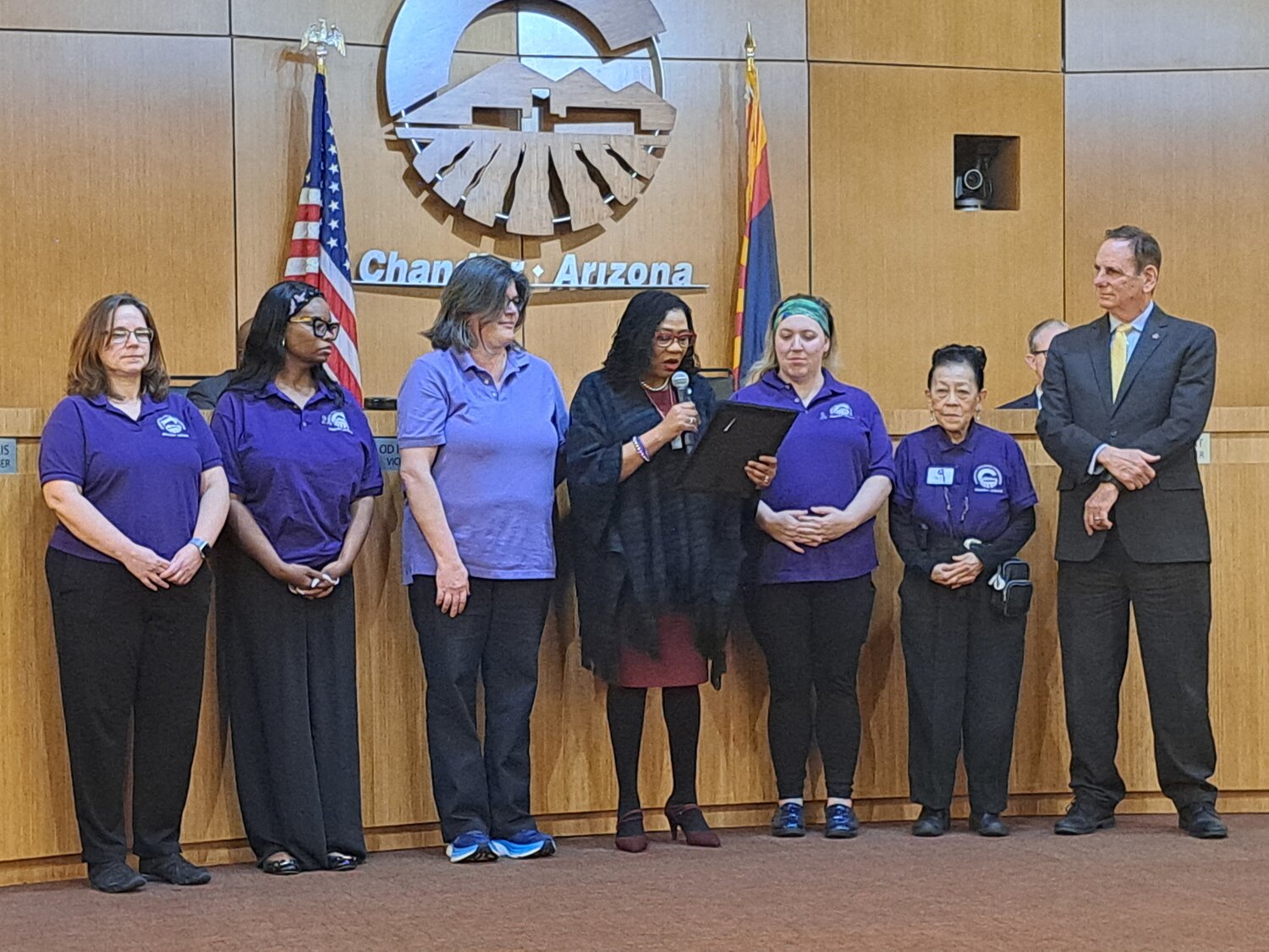 At the Chandler City Council’s Feb. 5 study session, Council member Christine Ellis read a proclamation about teen dating violence prevention. From the left are Katie Cain, Chandler Domestic Violence Commission staff liaison; Chandler Domestic Violence Commissioner LaTisha Codkind, D.C. (Delores) Ernst, vice chair of the Maricopa Association of Governments Regional Domestic Violence Council; Council member Ellis; Chandler Domestic Violence Commissioners Chelsea Grieve and Dr. Ruth Tan Lim and Mayor Kevin Hartke.