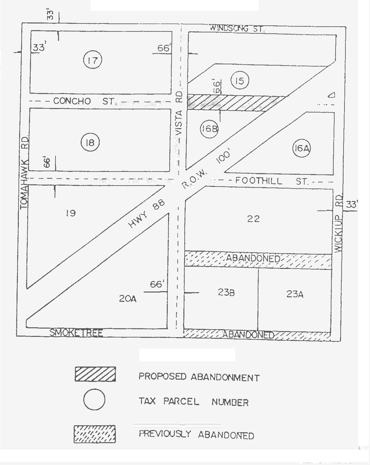 A map in the board packet shows the public utility easements are between parcel numbers 100-25-015B and 100-25-016B east and adjacent to Vista Road to State Route 88, south of Windsong Street and north of Foothill Street.